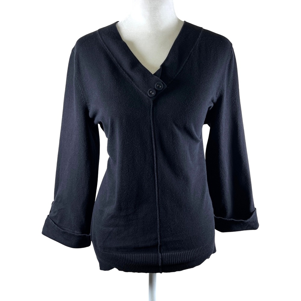 Jones New York Sport Black Button V Neck 3/4 Sleeve Y2K Knit Top Size Large